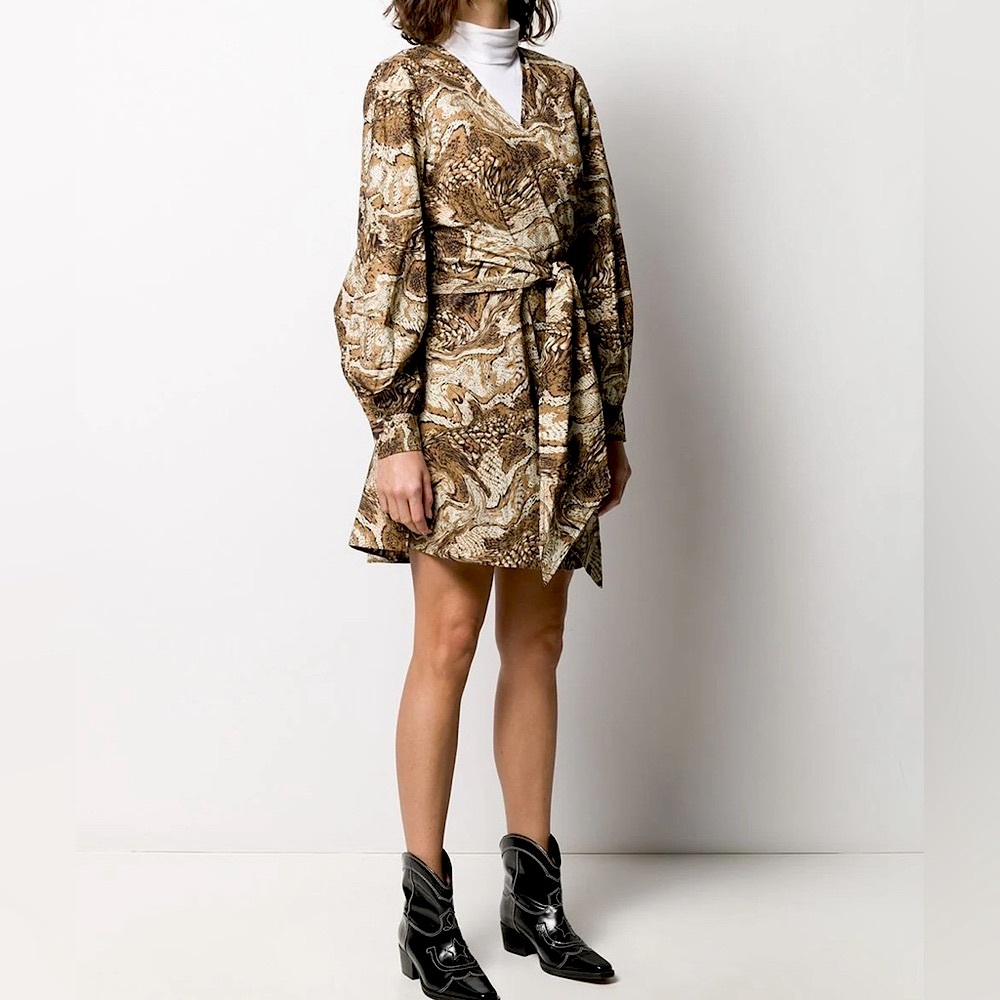 Nwt GANNI Animal Print Poplin Wrap Dress